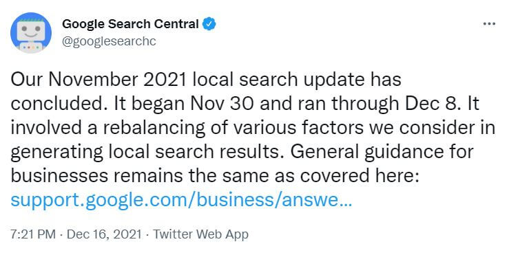 Tweet de Google annonçant la mise à jour Vicinity de novembre 2021