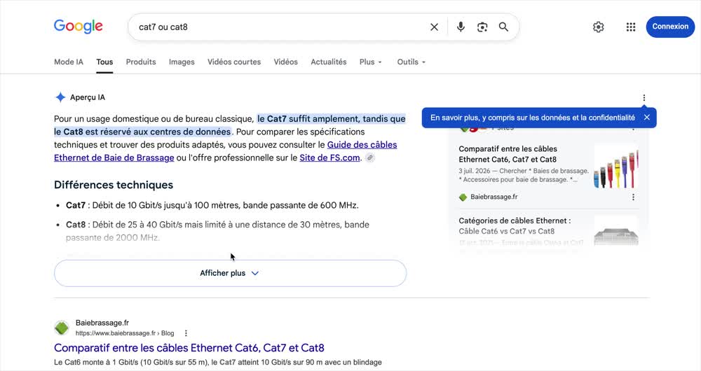 Aperçu IA de Google sur la requête cat7 ou cat8 avec les sources citées