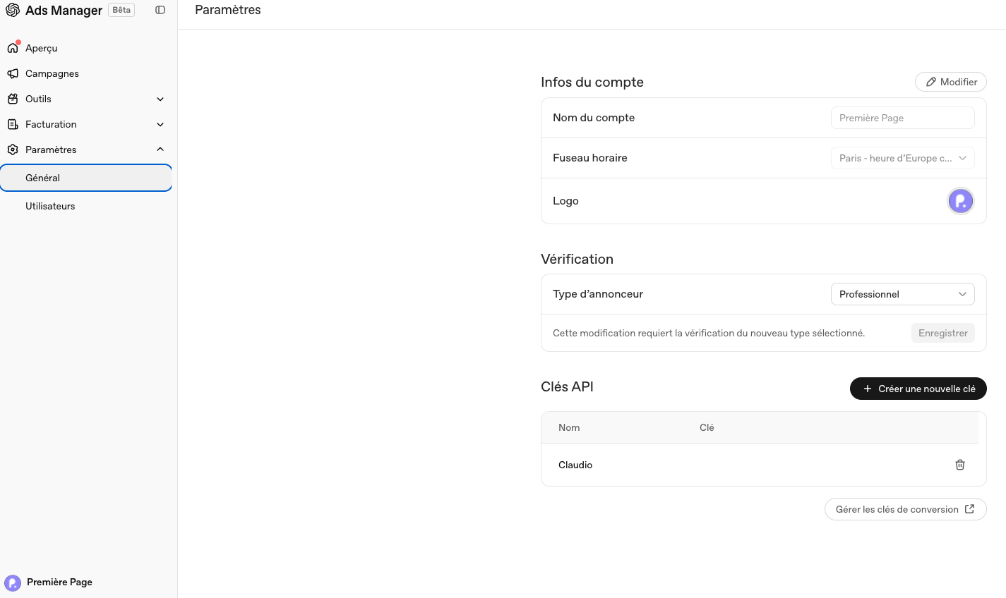 Interface Ads Manager d’OpenAI en version bêta, page Paramètres du compte annonceur Premiere.Page