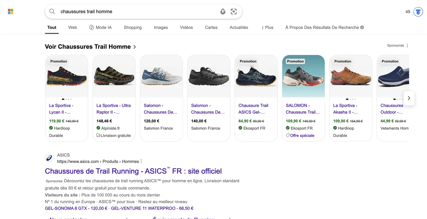 Recherche « chaussures trail homme » sur Bing : produits sponsorisés puis lien sponsorisé d’Asics