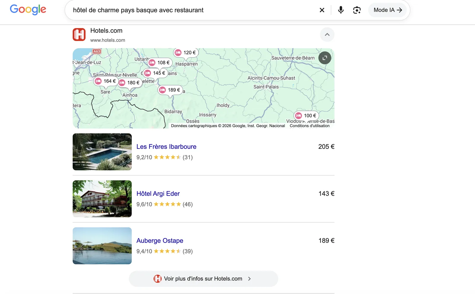Bloc Hotels.com en tête des résultats Google pour « hôtel de charme pays basque avec restaurant » : carte, prix et trois hôtels