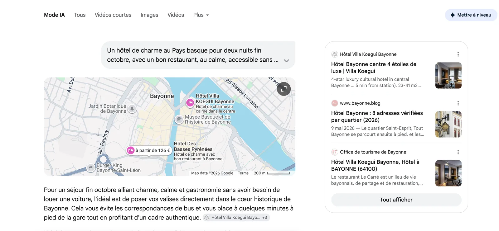 Réponse du Mode IA de Google à la demande complète : carte de Bayonne, hôtels annotés « hôtel de charme au calme dans le centre » et « hôtel de charme avec bon restaurant », sources à droite