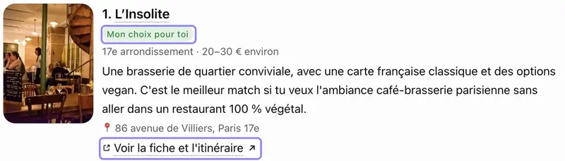 Capture ChatGPT : fiche du restaurant L’Insolite avec l’étiquette « Mon choix pour toi » et le lien vers sa fiche