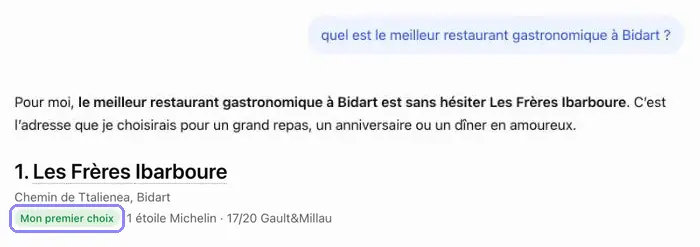 Capture ChatGPT : Les Frères Ibarboure cités en premier choix pour un restaurant gastronomique à Bidart