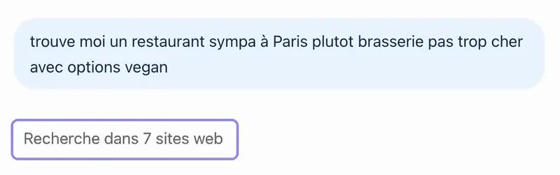 Capture ChatGPT : la question sur un restaurant à Paris déclenche une « Recherche dans 7 sites web »