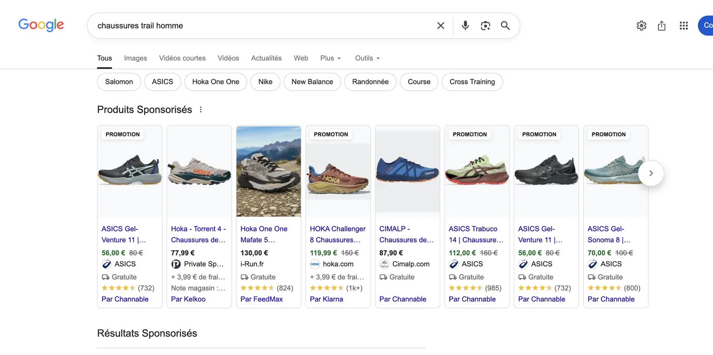 Recherche « chaussures trail homme » sur Google : carrousel de produits sponsorisés avec photo, prix et marchand