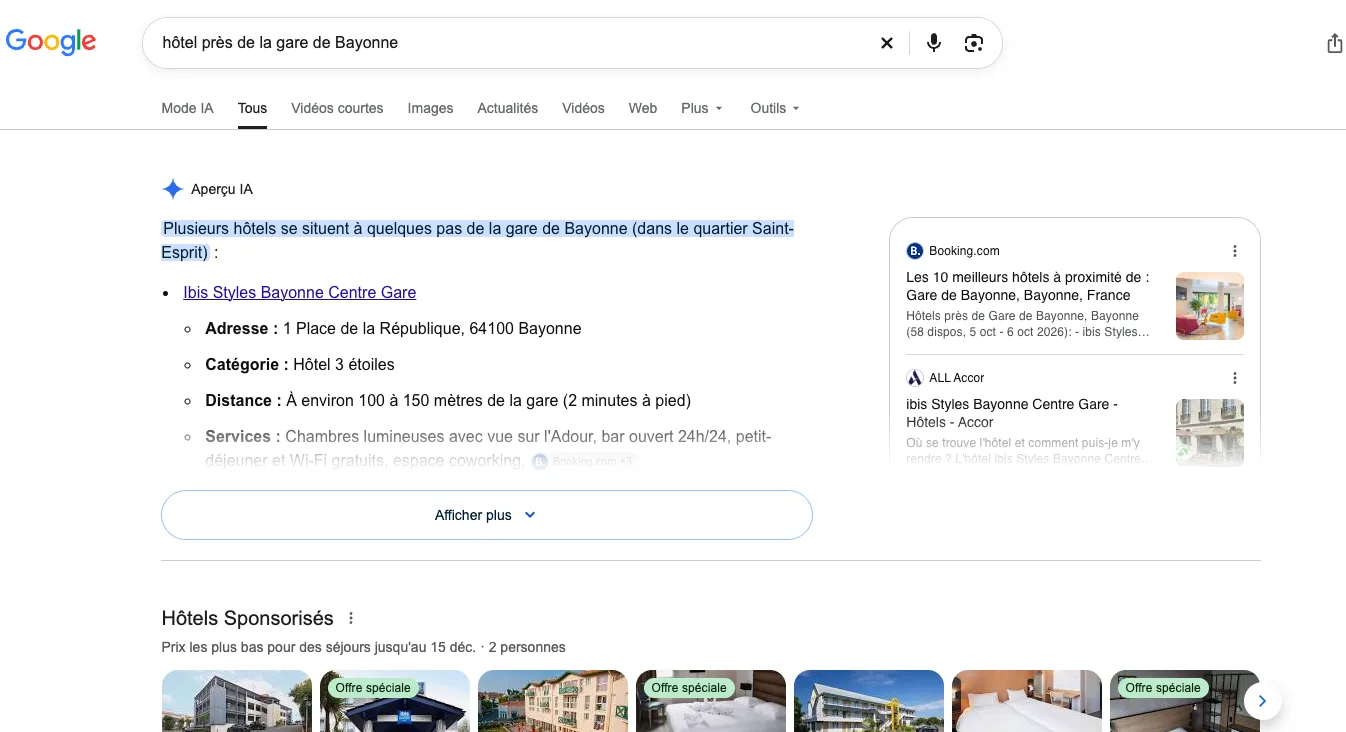 Recherche Google « hôtel près de la gare de Bayonne » : Aperçu IA en tête de page, au-dessus des hôtels sponsorisés