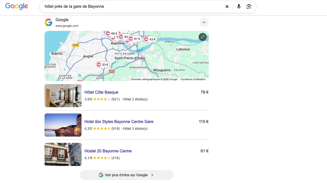 Module hôtels de Google pour « hôtel près de la gare de Bayonne » : carte, prix et notes de trois hôtels