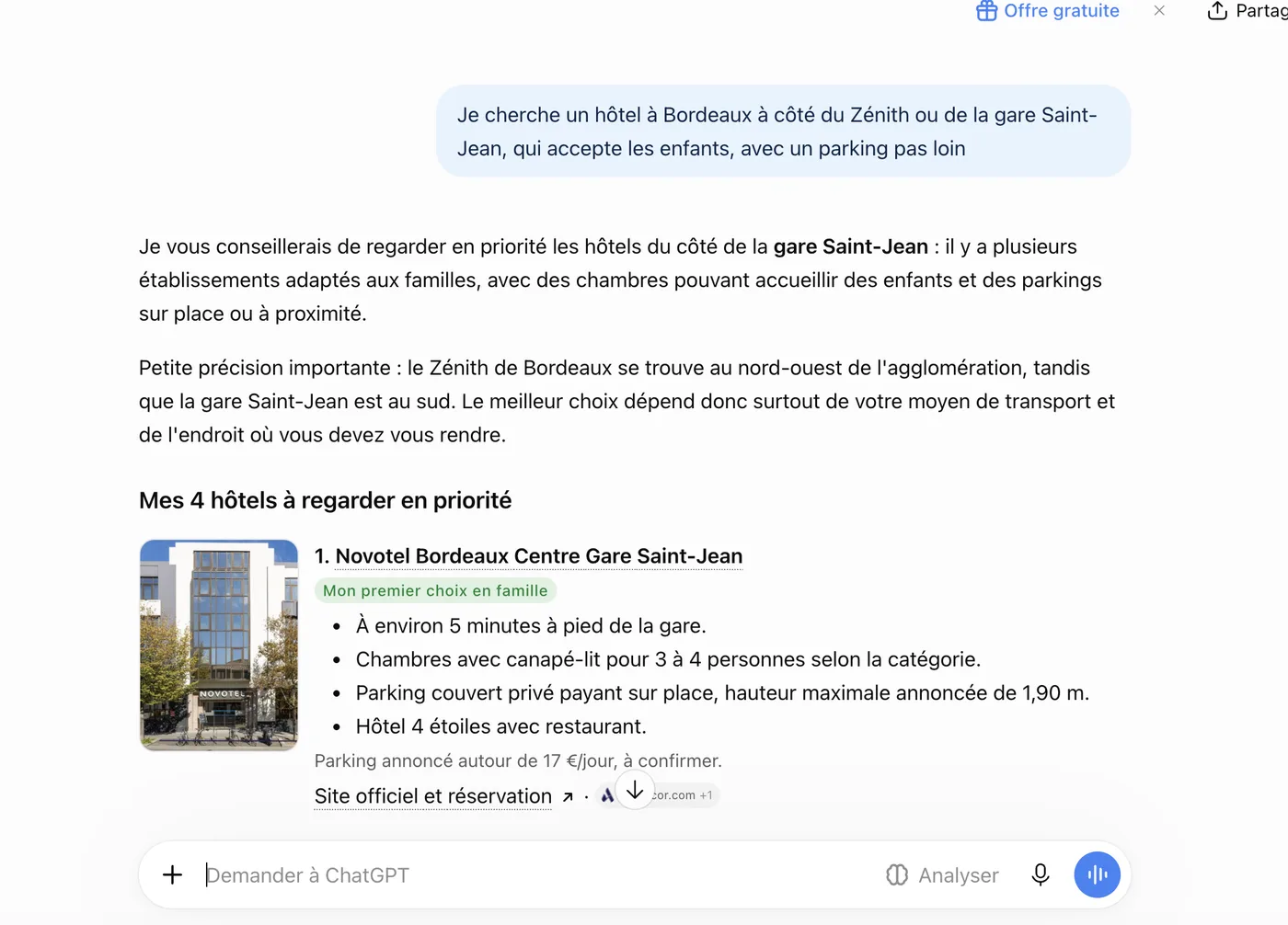 ChatGPT répond à un prompt long sur un hôtel à Bordeaux près du Zénith ou de la gare Saint-Jean, avec enfants et parking
