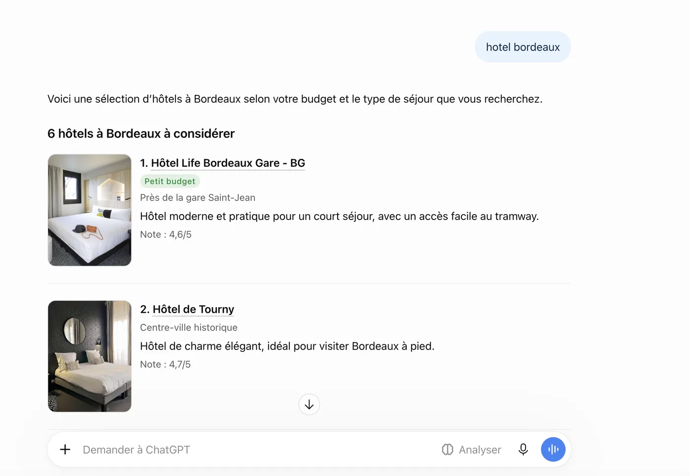 ChatGPT répond à la requête courte « hotel bordeaux » par une liste de six hôtels notés sur 5