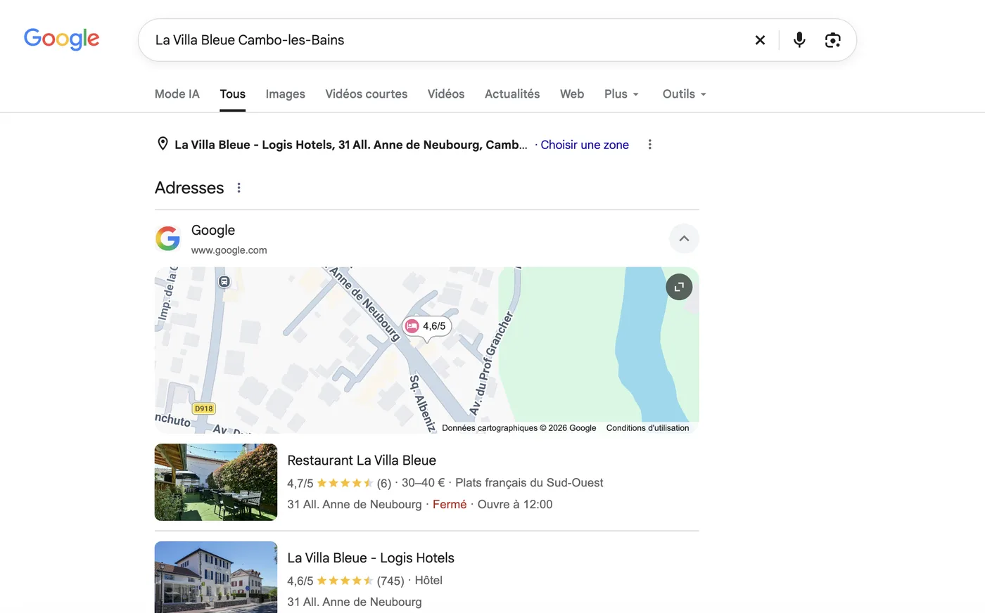 Recherche Google « La Villa Bleue Cambo-les-Bains » : fiches Google du restaurant et de l’hôtel sur la carte