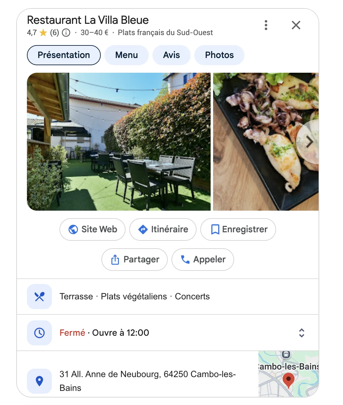 Fiche Google du restaurant La Villa Bleue : photos, menu, attributs, horaires, itinéraire et appel