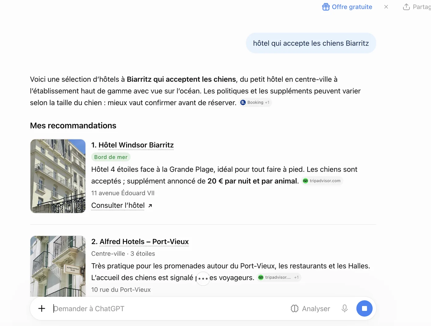 ChatGPT sur « hôtel qui accepte les chiens Biarritz » : supplément de 20 € par nuit et par animal repris de Tripadvisor