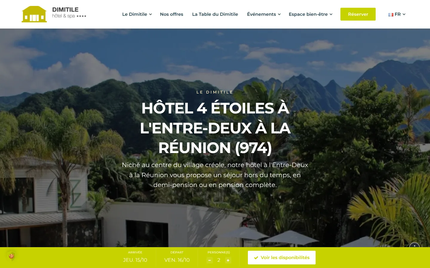 Site de l’hôtel Le Dimitile à La Réunion : menu par activité (offres, table, événements, bien-être), bouton Réserver et barre de dates fixée en bas d’écran